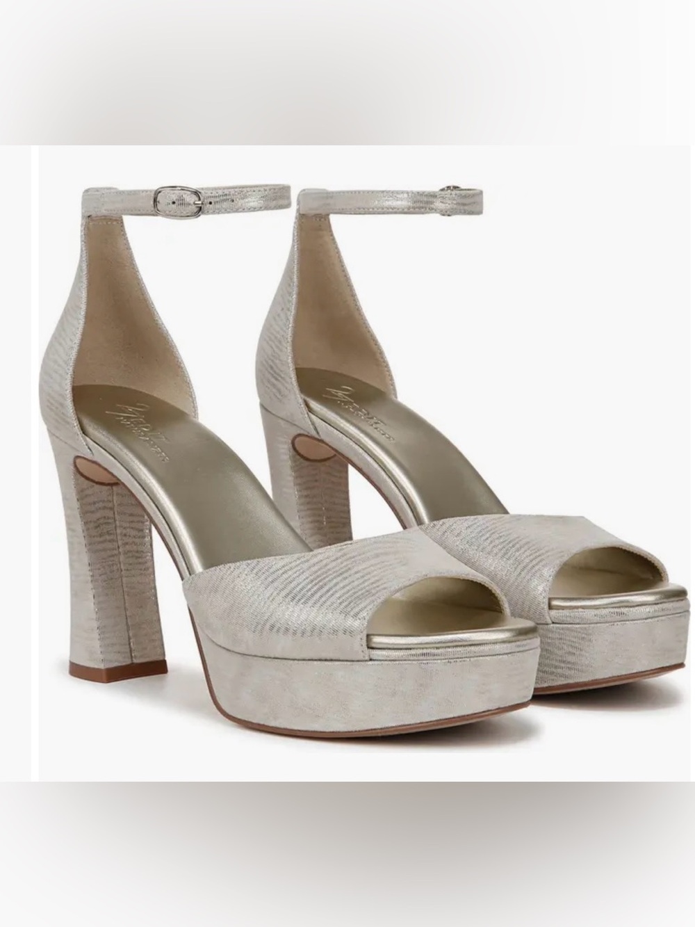 27 EDIT Delphie  Silver Textured Peep-Toe Platform Sandals NWOB